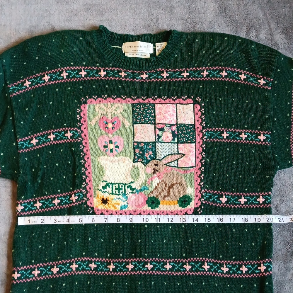 Northern Isles II Hand Embroidered Vintage Bunny Cottage Sweater Green Fall Knit - Picture 4 of 10